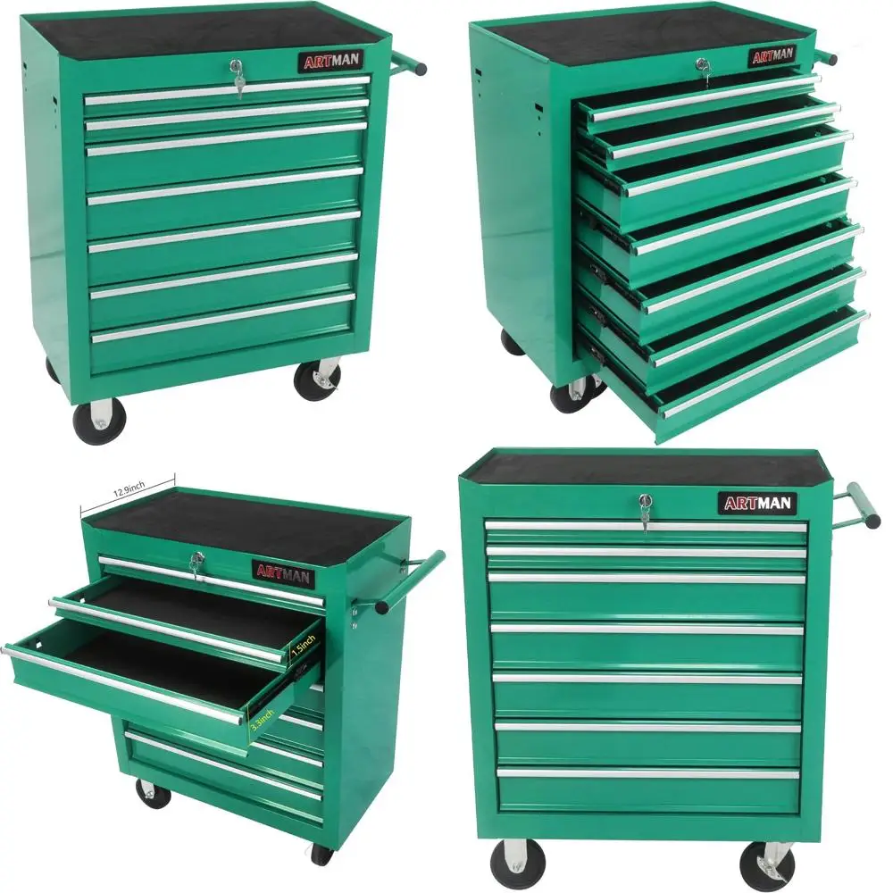

Green Heavy-Duty Steel Rolling Tool Chest Cabinet with Lock for Garage Workshop Storage on Wheels