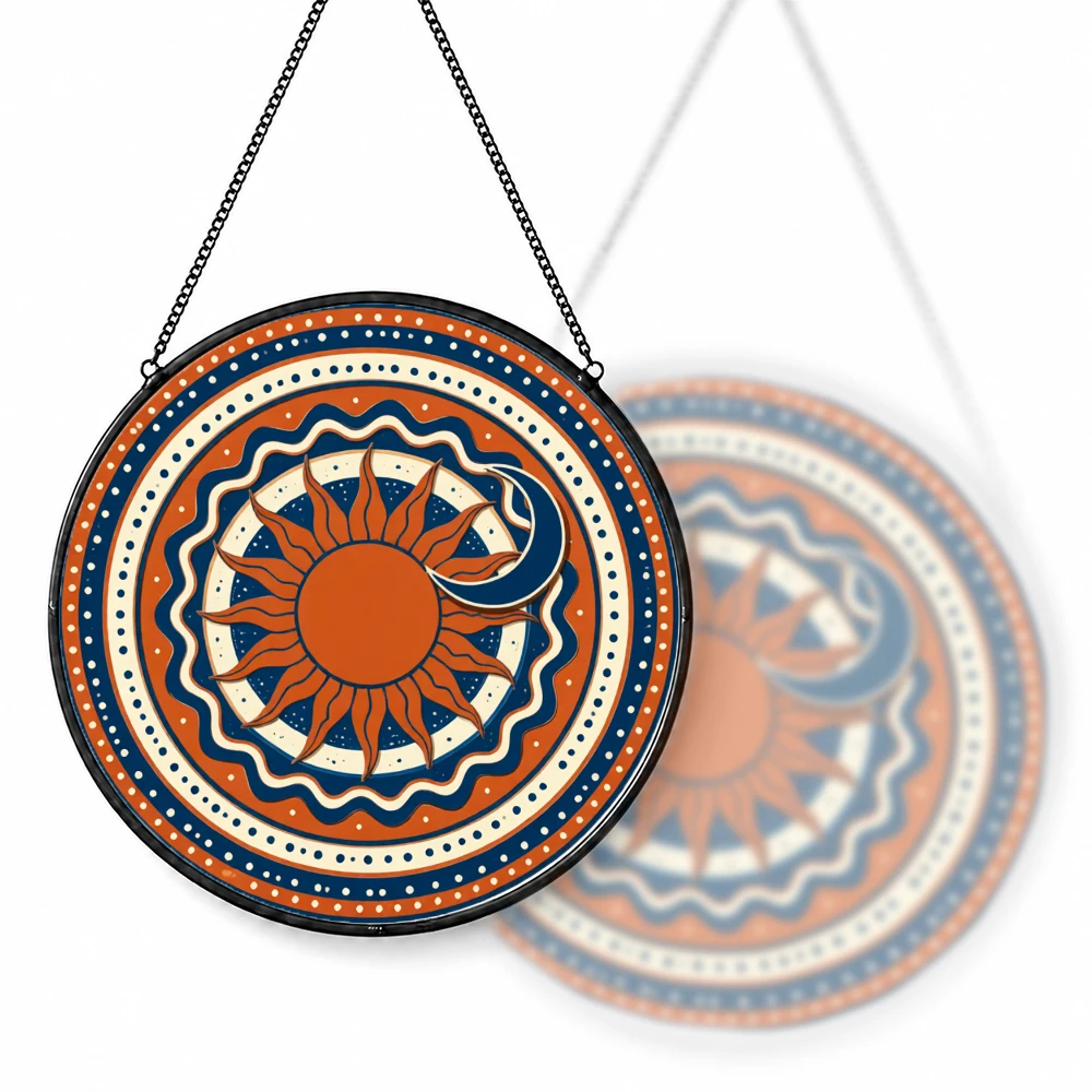 Stained Glass Suncatcher Round Tropical Sunset Beach Palm Tree Hibiscus Flower Window Hanging Decor Home Garden Gift