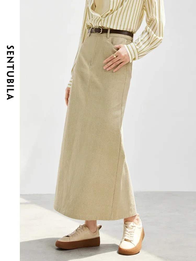 SENTUBILA Women 100% Cotton Denim Skirt   2024 Autumn Straight Slit-hem Classic Solid Simple  Long Skirt 143Q56392