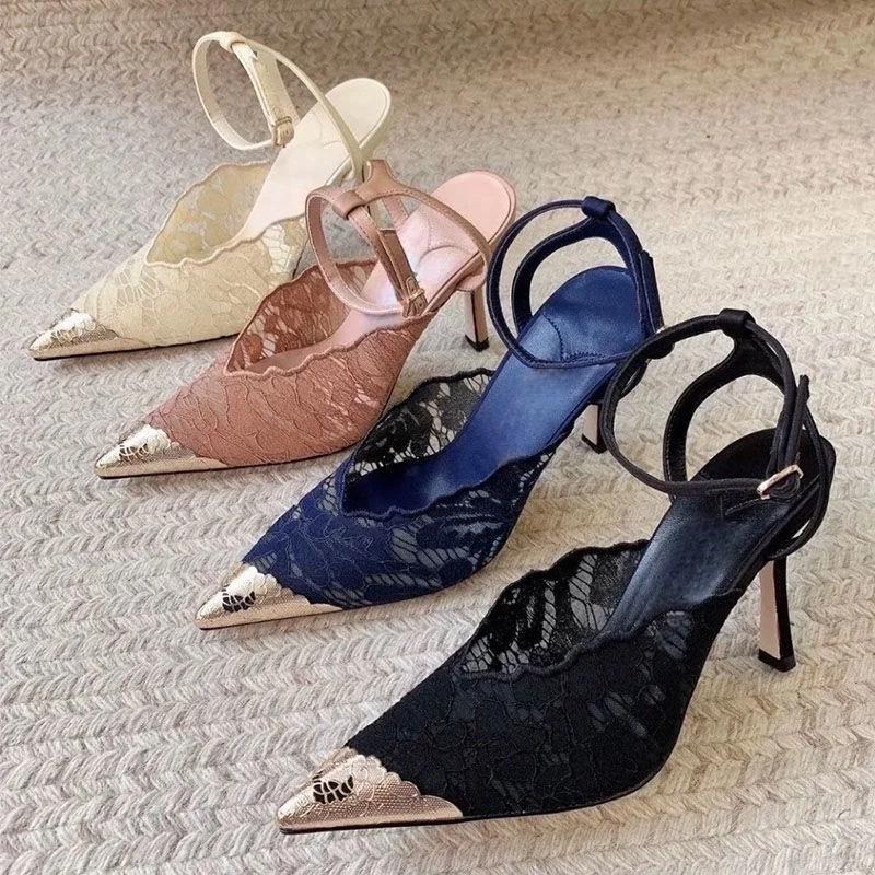 

Французские сексуальные туфли на высоком каблуке с кружевной сеткой и острым носком, босоножки-шпильки с ремешком на щиколотке, женские дышащие туфли для вечеринок, клубов, свадеб, большие размеры