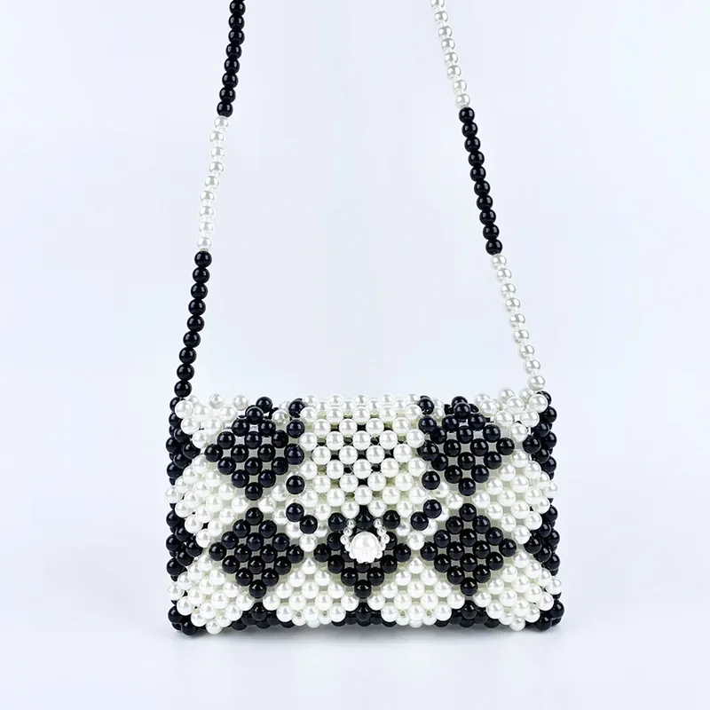 Retro Hand Woven Casual Versatile Women's Bag New Black White Checkered Beaded Single Shoulder Crossbody Bags Customization