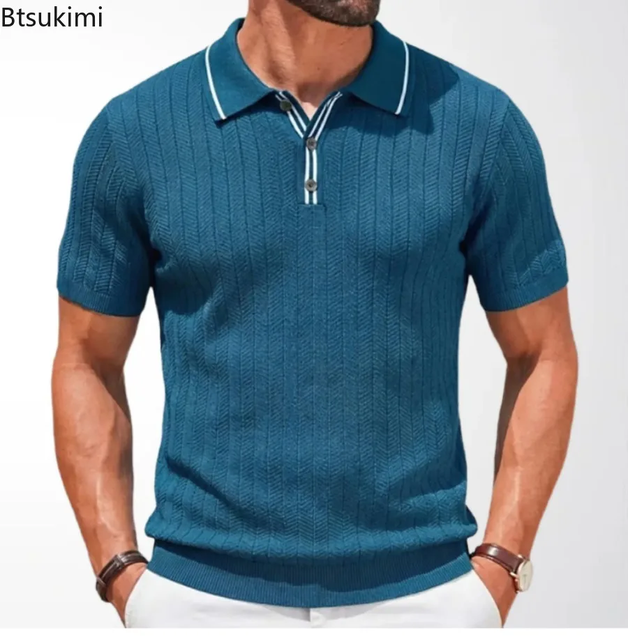 2026 New Men\'s Striped Patchwork Knitwear Summer Men Half Zip Knit Pullovers T-shirt Man Business Casual Short Sleeve Polo Shirt