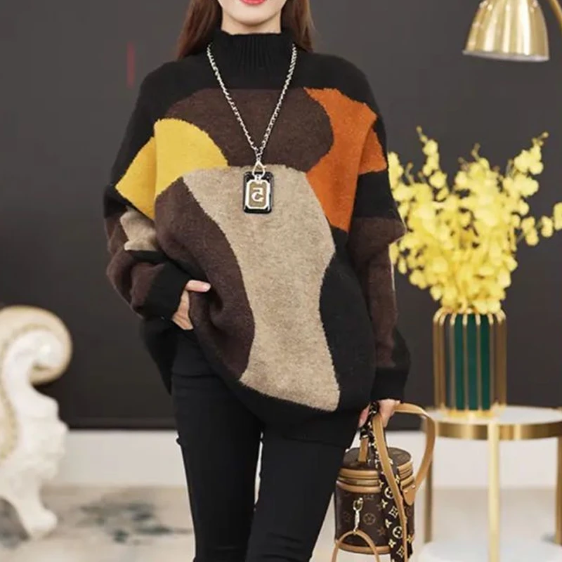 Winter Women Korean Retro Contrast Color Oversized Streetwear Knitted Sweater Half High Collar Long Sleeve Pullover Tops Jumpers