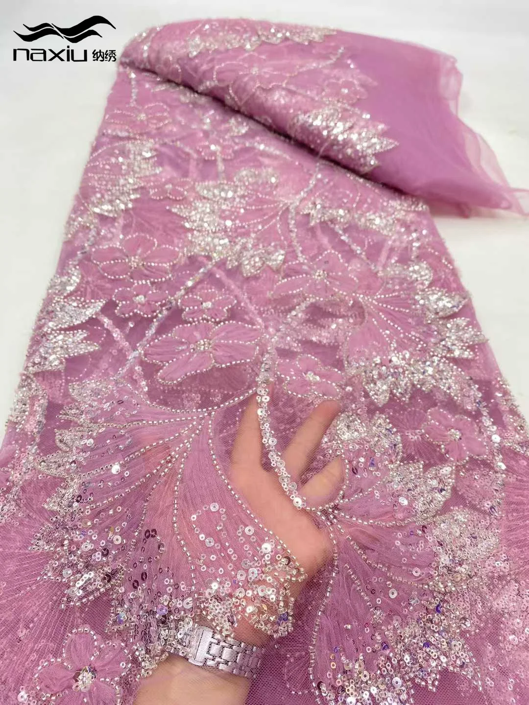 

Madison Pink 5 Yards High-end Beaded Fabric Latest African Luxury Sequins Groom Embroidery Fabric French Tulle Lace For Sewing
