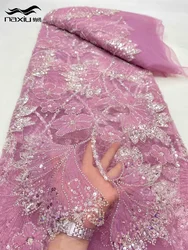 Madison Pink 5 Yards High-end Beaded Fabric Latest African Luxury Sequins Groom Embroidery Fabric French Tulle Lace For Sewing