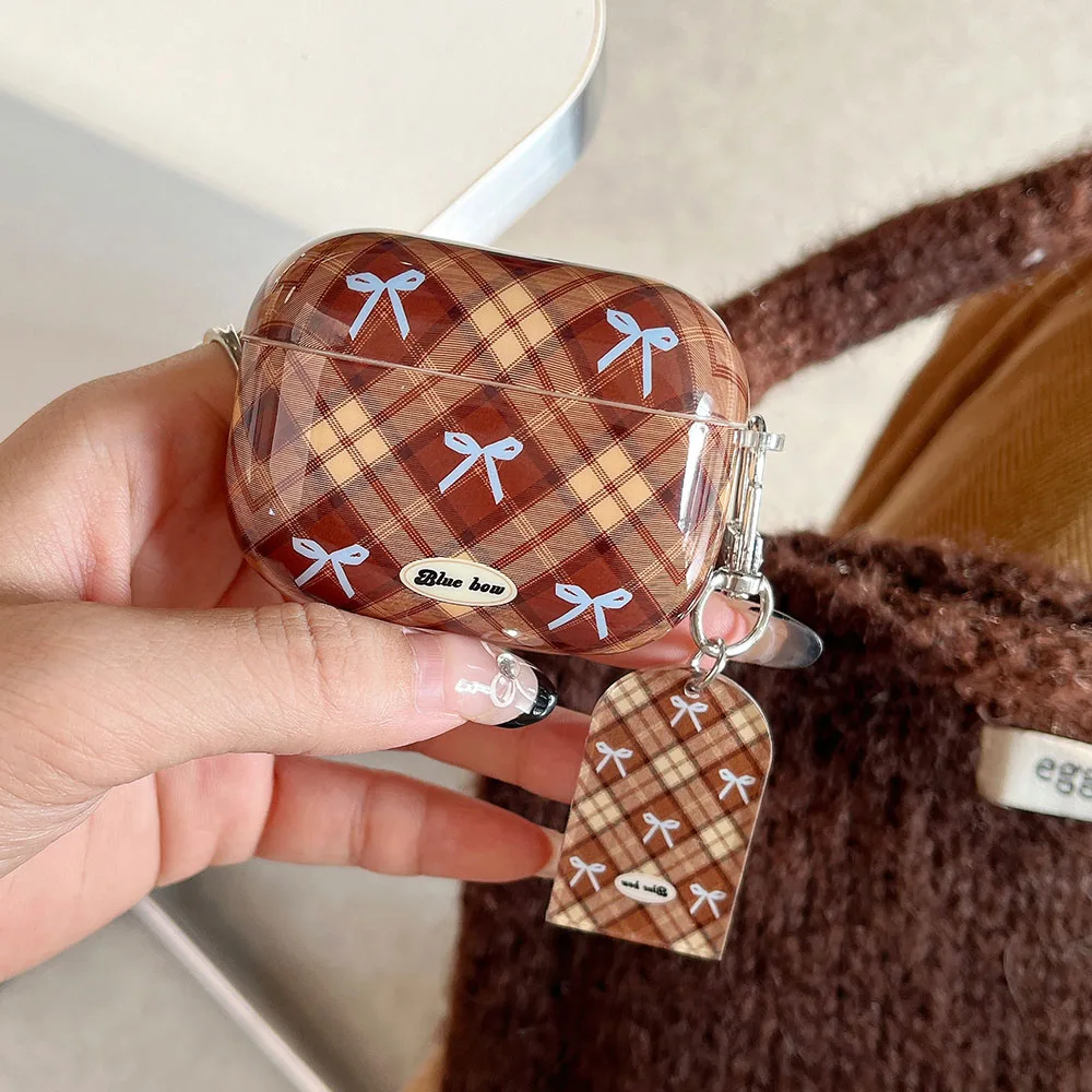 Fashion Girl Retro Style Plaid Bow Pattern Keychain Tag Shockproof Protection Case for AirPods 2 3 4 Pro 2 Earphone Accessories