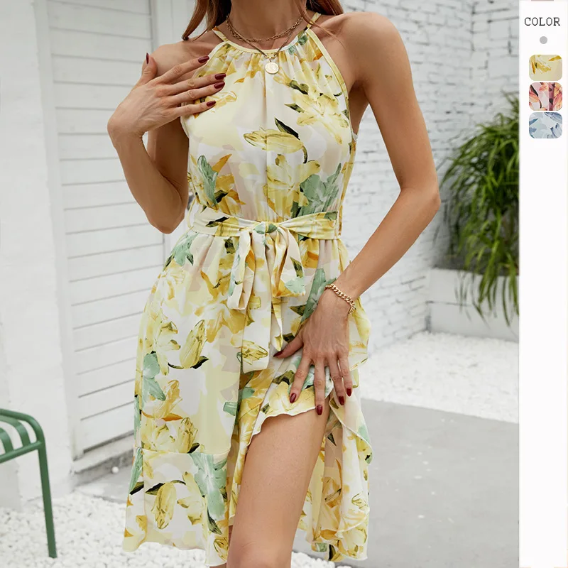 HMR-Real Shot2024Spring and Summer New Women's Clothing Temperament Sexy round Neck Printed Dress Women