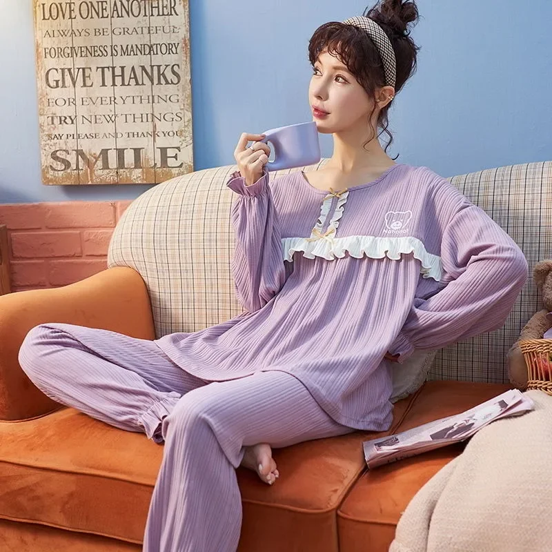 2023 New Pajamas Women's Spring Autumn Long Sleeve Loungewear Student Dormitory Can Wear Homewear Sets Cotton Loose Nightwear