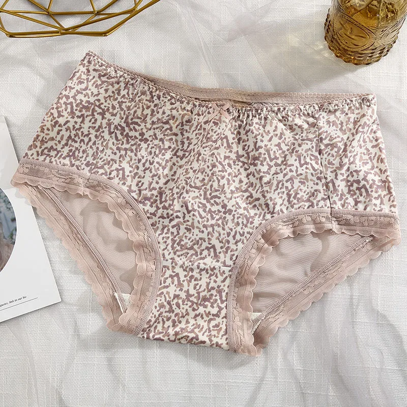 Ice Silk Leopard Pattern Sexy Women\'s Underwear Transparent High Waist Cotton Crotch Traceless Panties Bow Mesh Briefs Lingerie