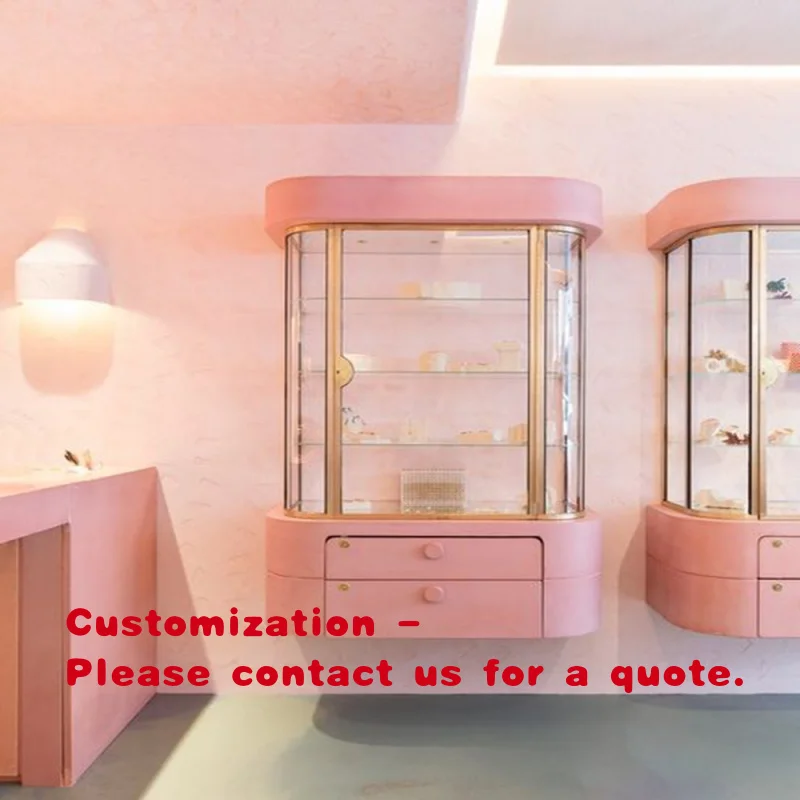 custom.Pink Delicate Jewelry showcase Stylish Wooden Wall-mounted Cabinet Luxurious Wooden and Metal Stainless Steel Jewelry Sho