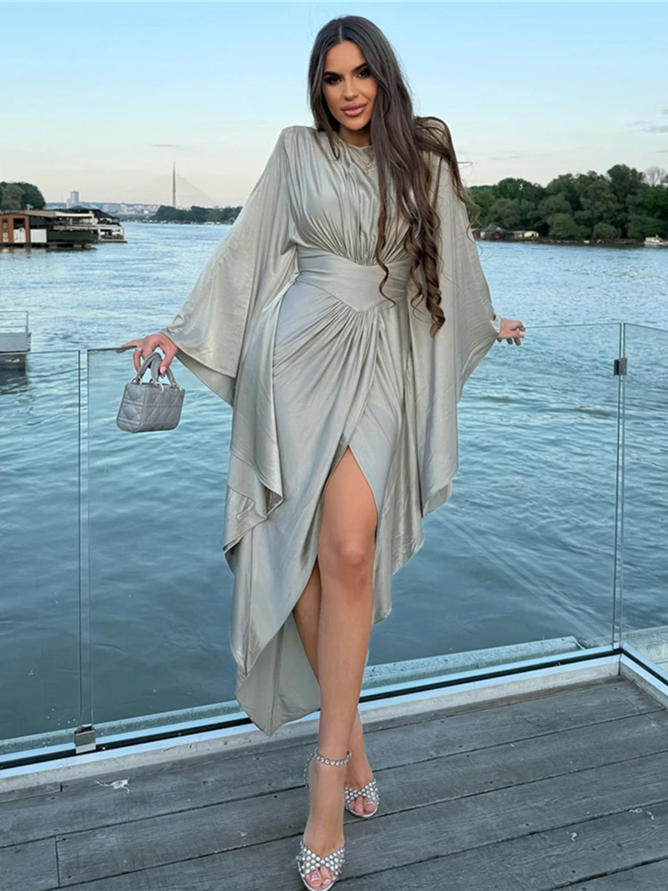 Weird Puss Classic Flare Sleeve Dress Women Patchwork O-Neck Irregular Hem Sexy Elegant Simple Skinny Evening Prom Party Bodycon