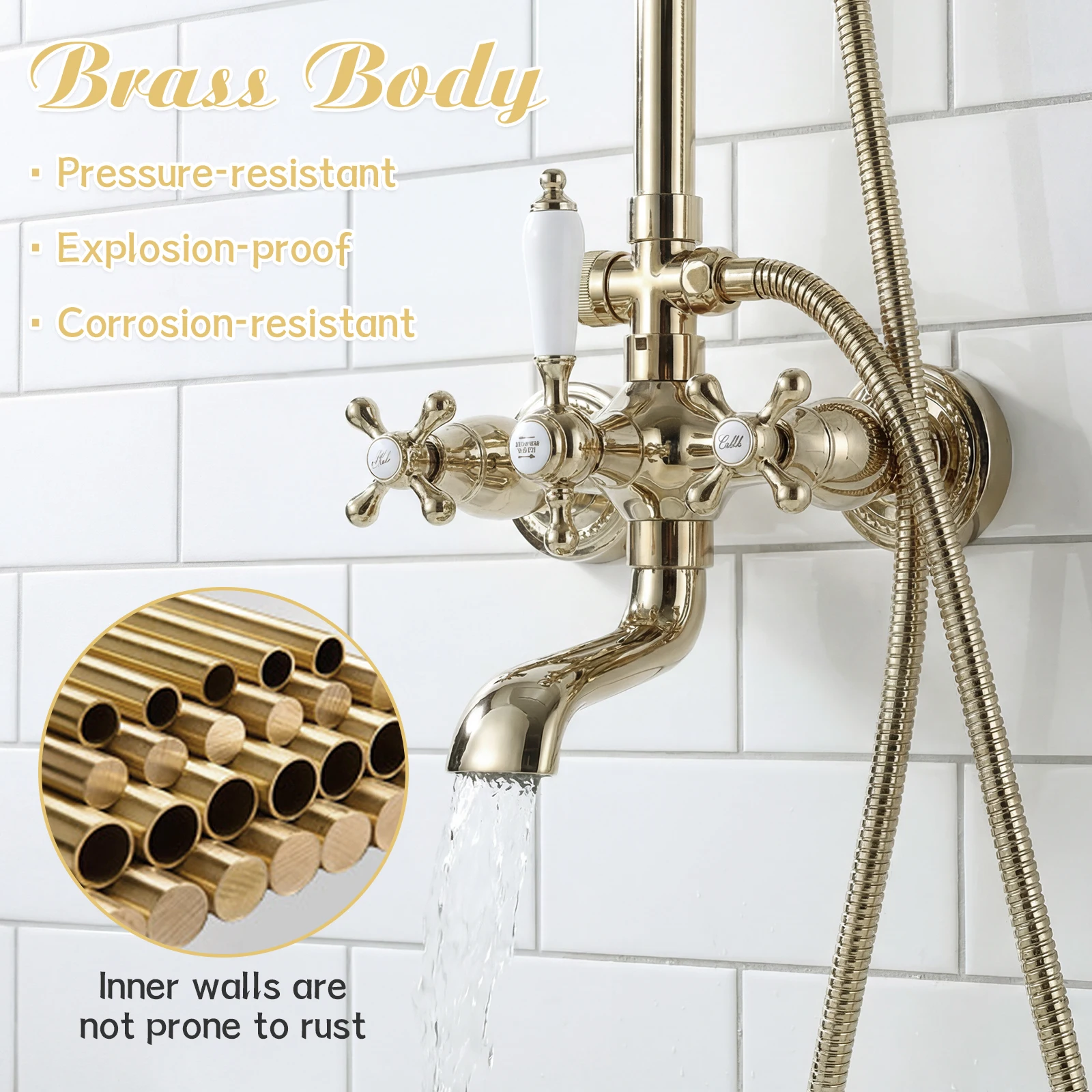 

Vintage Rainfall Showers Faucet with Knobs Mixer Tap Wall Mount Retro Showers Kit Rust Proof for Home Bathroom Hotel SPA