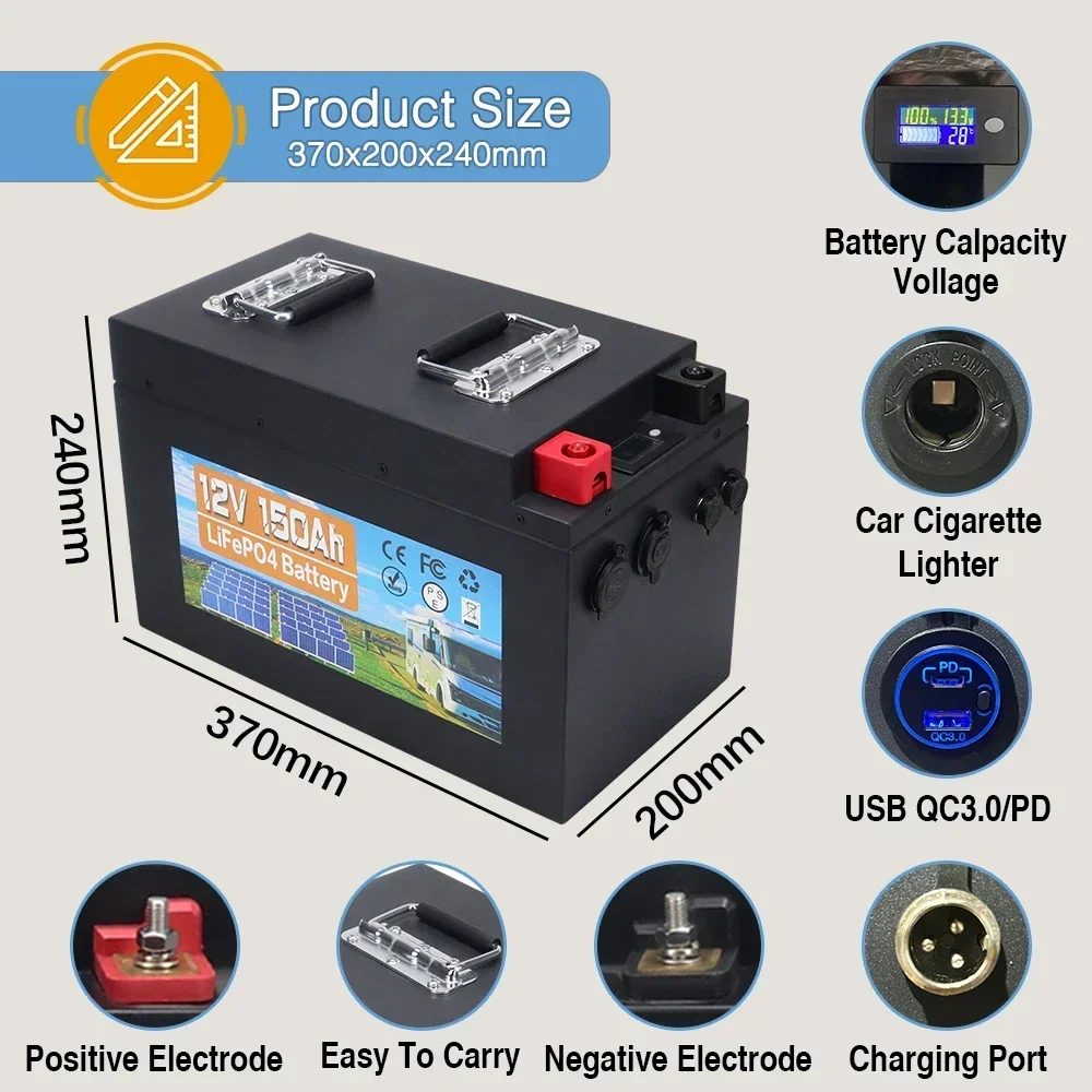 12V LiFePO4 Battery 150AH Built-in BMS Lithium Iron Phosphate Cell 6000 Cycles Life For Outdoor Camping Golf Cart Solar Tax Free