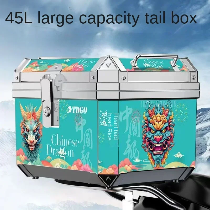 45L Dragon Painting Motorcycle Helmet Box Universal Top Tail Rear Luggage Storage Tool Cases Lock Travel Luggage Storage Box