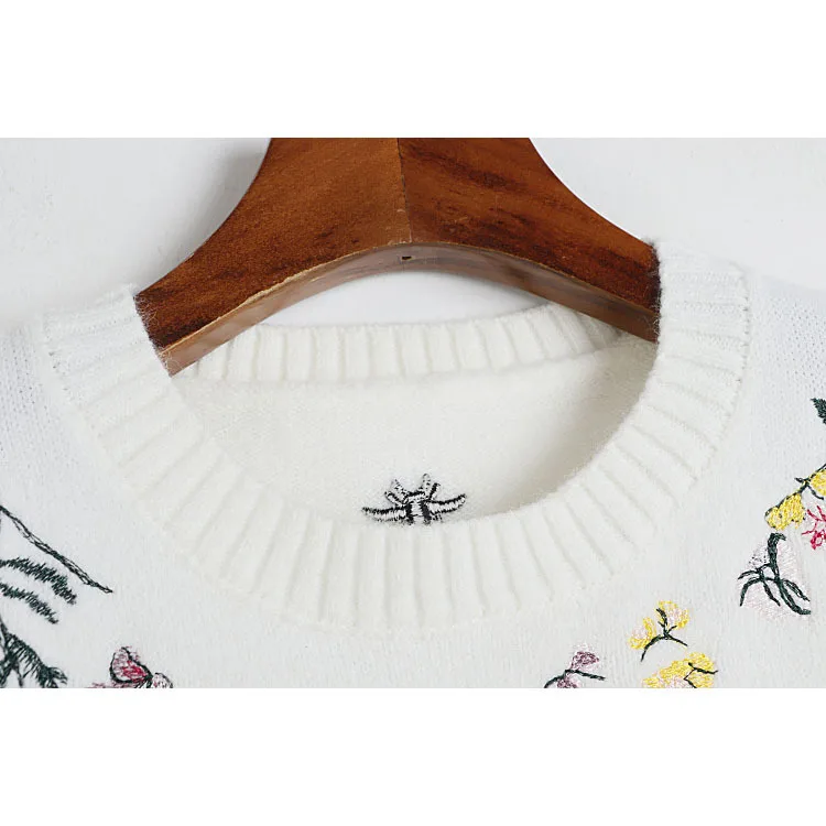 Autumn and winter flower embroidered long-sleeved round-neck sweater women top