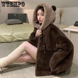 WTEMPO Korean style Women Cute Bear Fake Fur Imitation Rabbit Plush Fur Coat Autumn and Winter Hooded Thickened Zipper Jacket