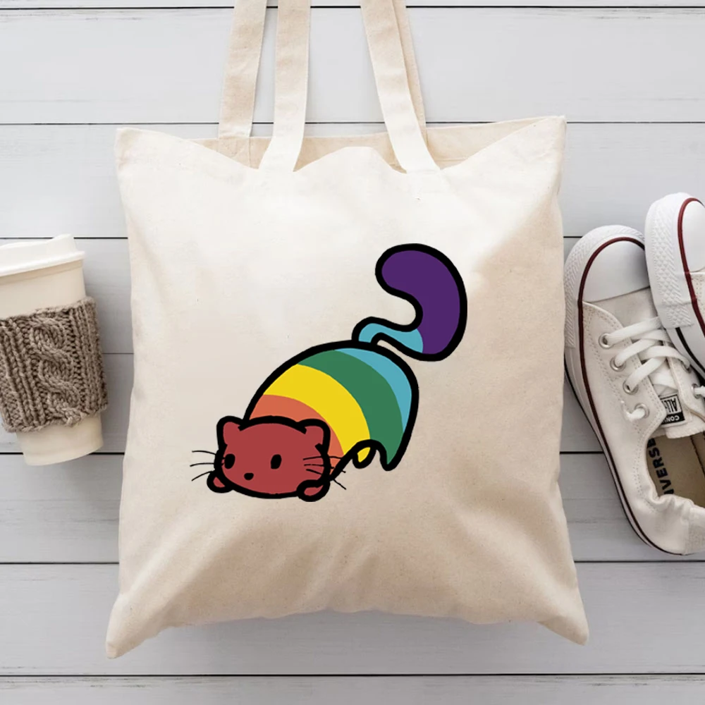 Tas Tote Purride kucing pelangi Super lucu bendera LGBT Gay Pride bulan motif Lesbian tas bahu wanita tas kanvas kapasitas besar