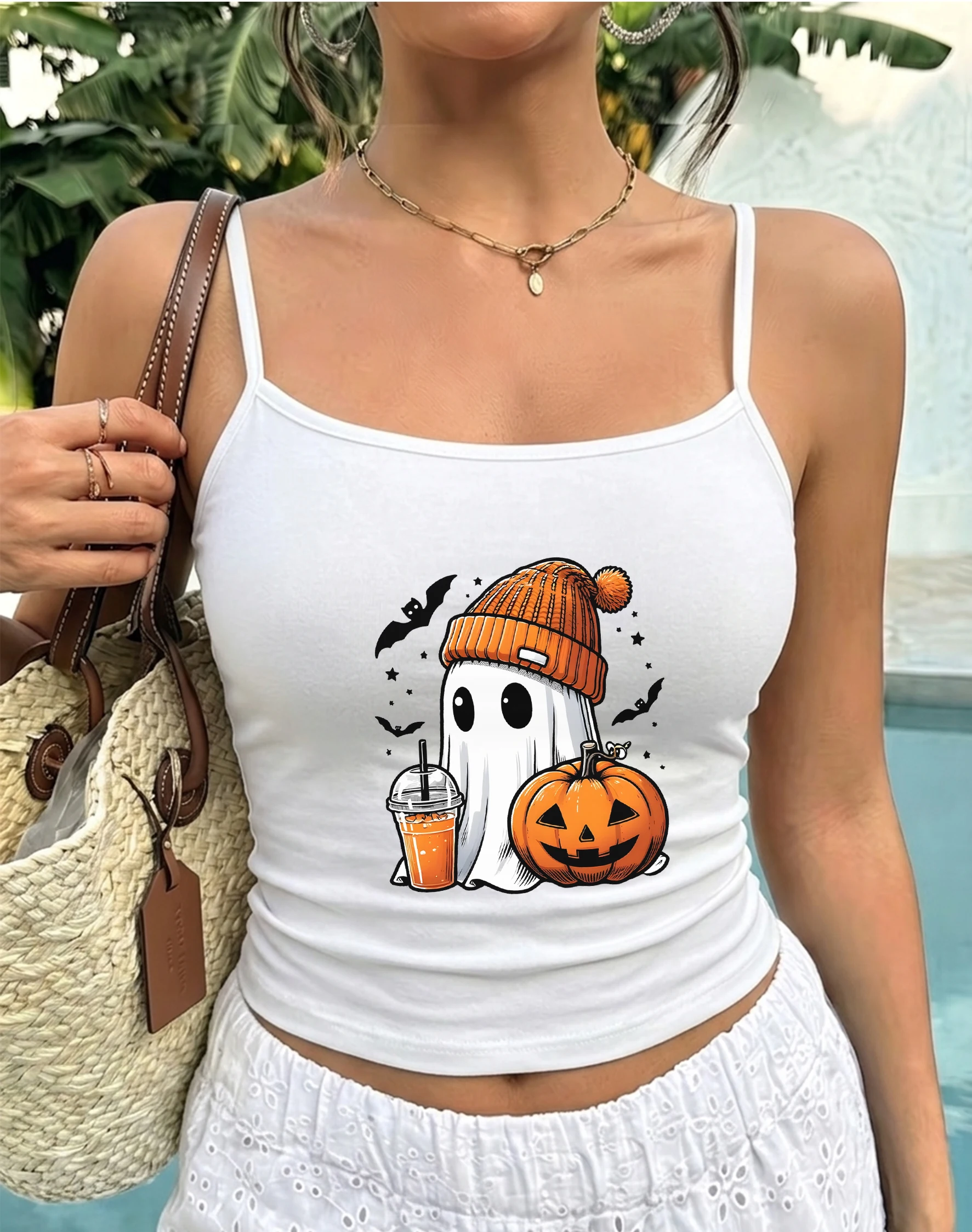 Cute Ghost Pumpkin Print Camisole Top Sun Beach Holiday Tank Graphic Spooky Cami Sleeveless Summer Tee Gift Idea for Her