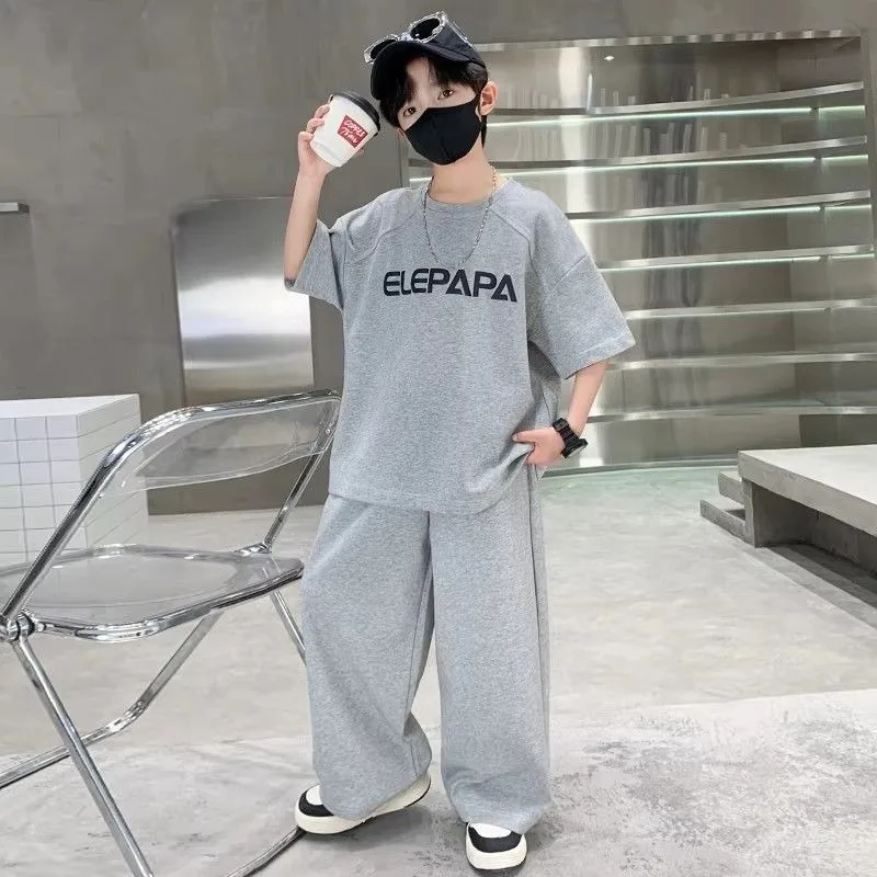 2026 Summer Boys Sports Set Kids Breathable T-shirt Sports Pants 2 Piece Set High Street Fashion High Quality Children's Suit