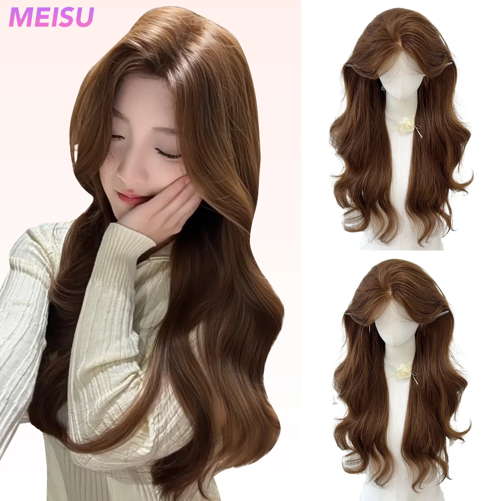 

MEISU 4x2 U Shaped HD Lace Wig Brown Synthetic Fiber Layered Hair Heat-Resistant Natural Smooth Extend Hair Selfie Party
