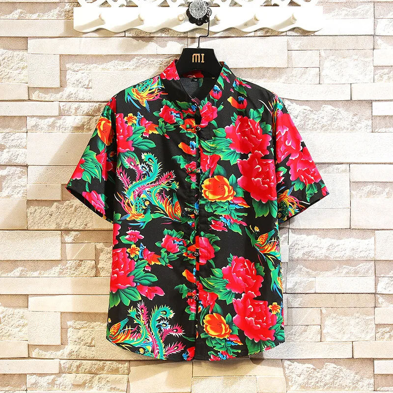 Summer Chinese Style Red Shirts Men Flower Shirt Dongbei Traditional Festival Hombre Vinatge Men Funny Big Floral Printed Shirts