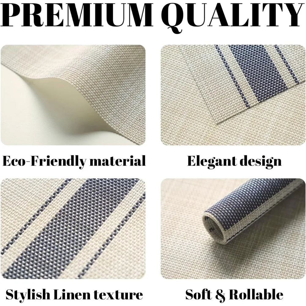Woven Vinyl Placemats Set of 4, Washable & Heat-Resistant for Indoor/Outdoor Use, Khaki Blue