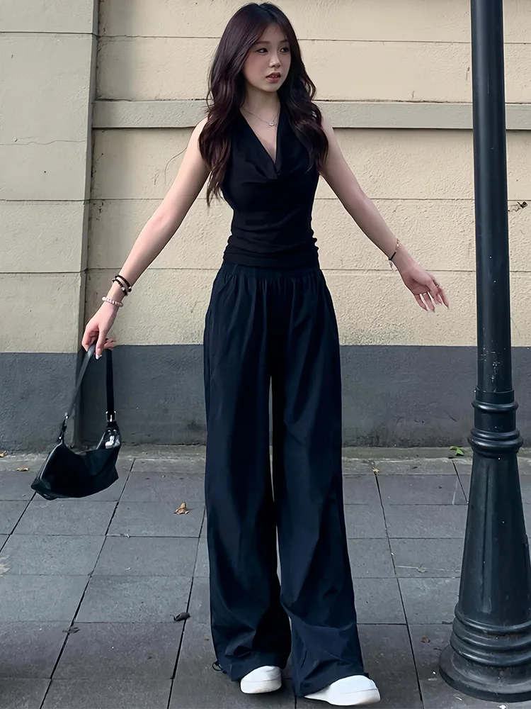 블루 하이웨이스트 스트레이트 레그 워크웨어 팬츠 여성 여름 얇은 퀵 드라이 스포츠 바지 아메리칸 레트로 슬리밍 플로어-...