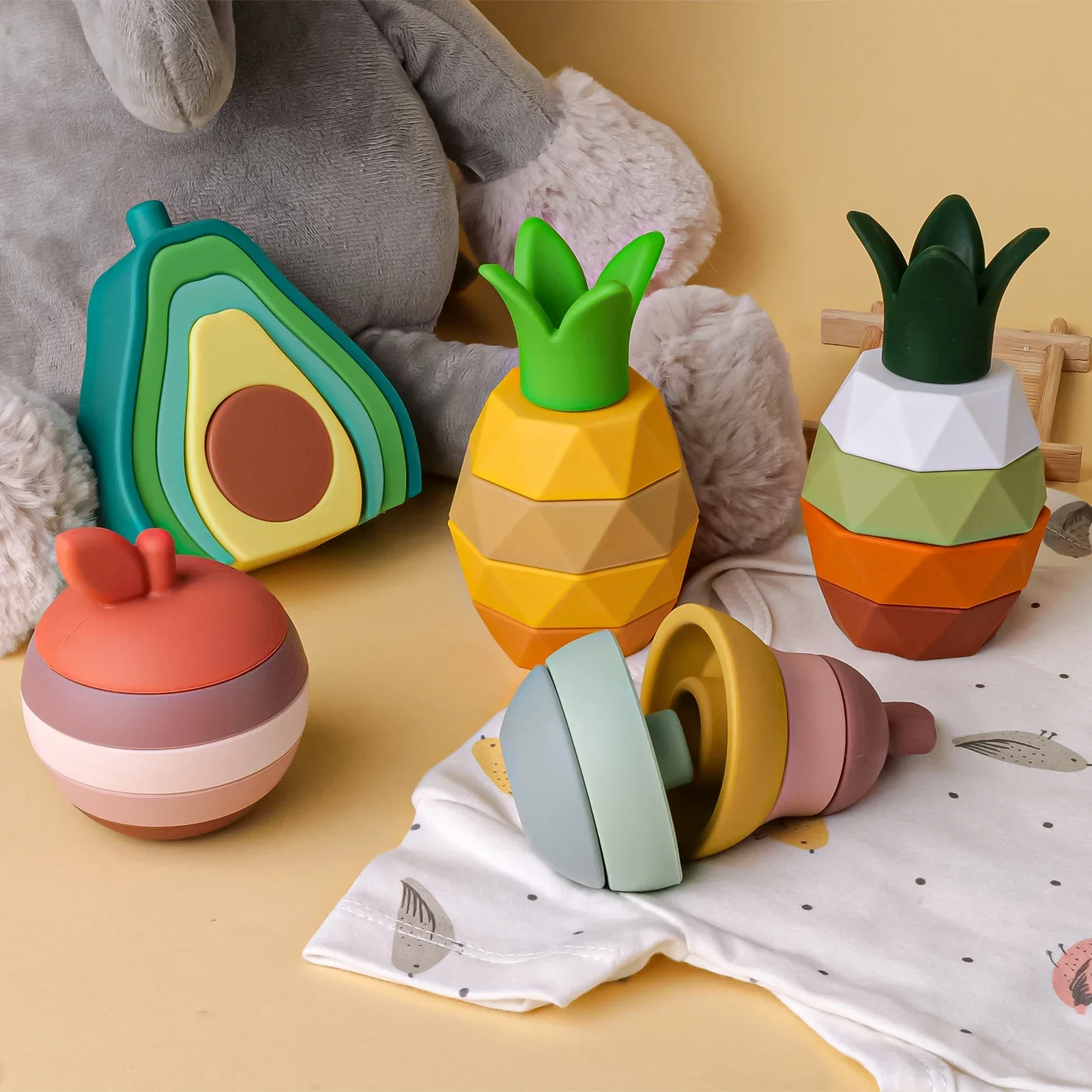 Siliconen Stapelspeelgoed Baby Bouwstenen Fruit Nestelen Ontwerp Bpa Gratis Zachte Siliconen Stickers Stapelblok Rubber Tandjes