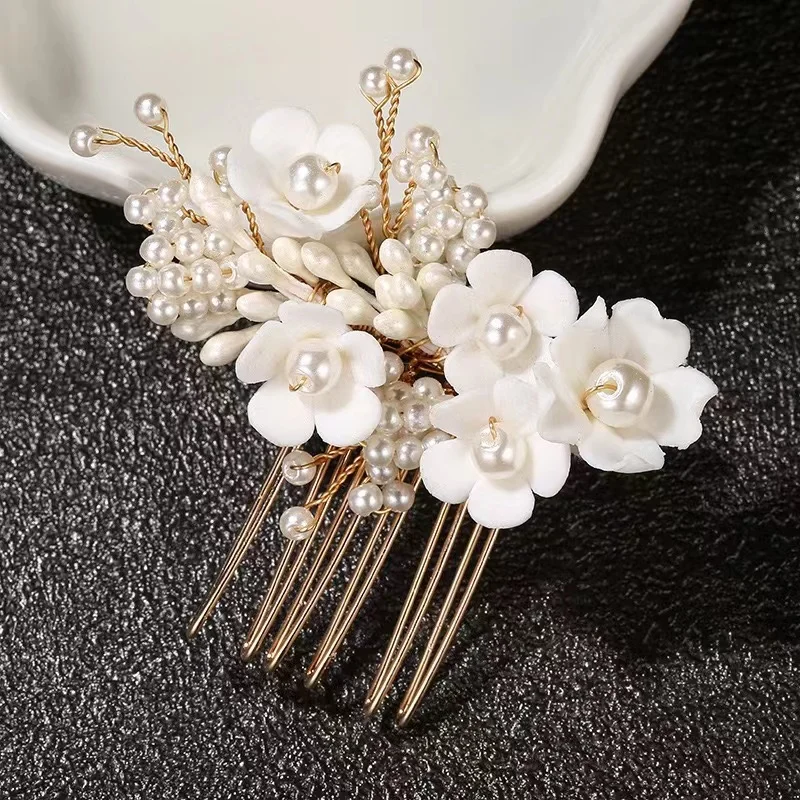 New bride bridesmaid wedding headdress hair accessories Pearl polymer clay flower ornaments insert comb