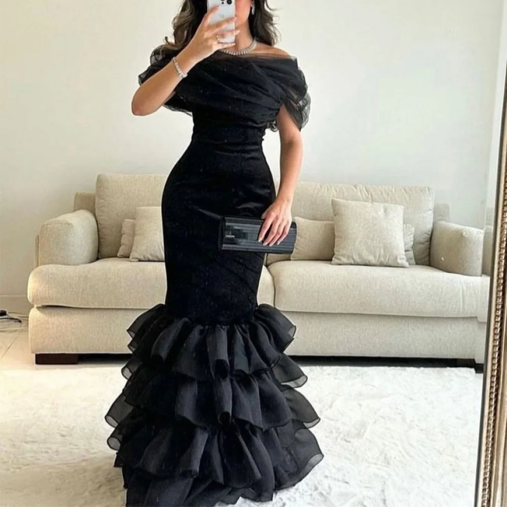 

Flechazo Tulle Off the Shoulder Evening Dress with Pleat and Tiered Mermaid Floor Length Women Short Sleeves Party Banquet Gowns