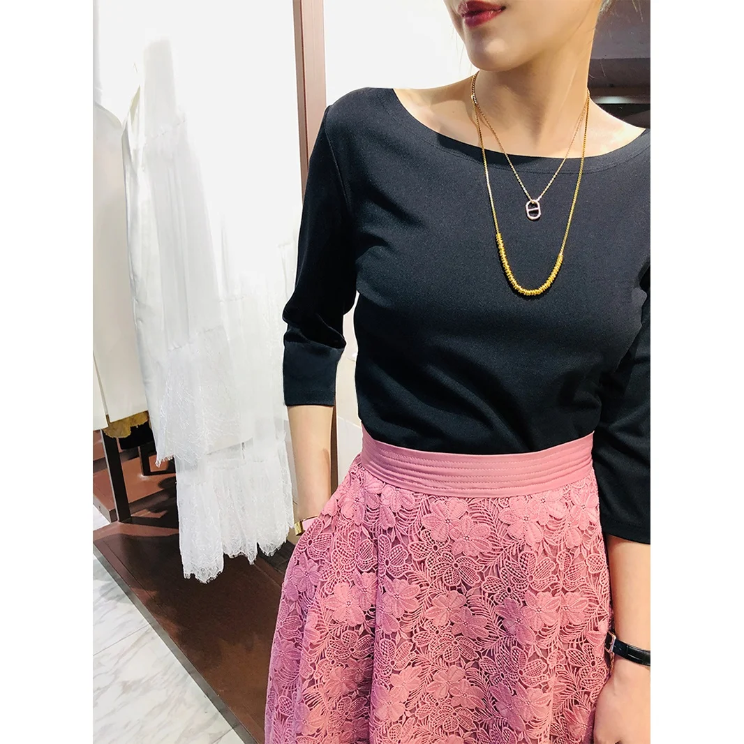 

Street Style Cotton Blend Slim Fit T-Shirt One Shoulder Unusual Hem Seven Sleeve Women's Regular Length Pure Color Top