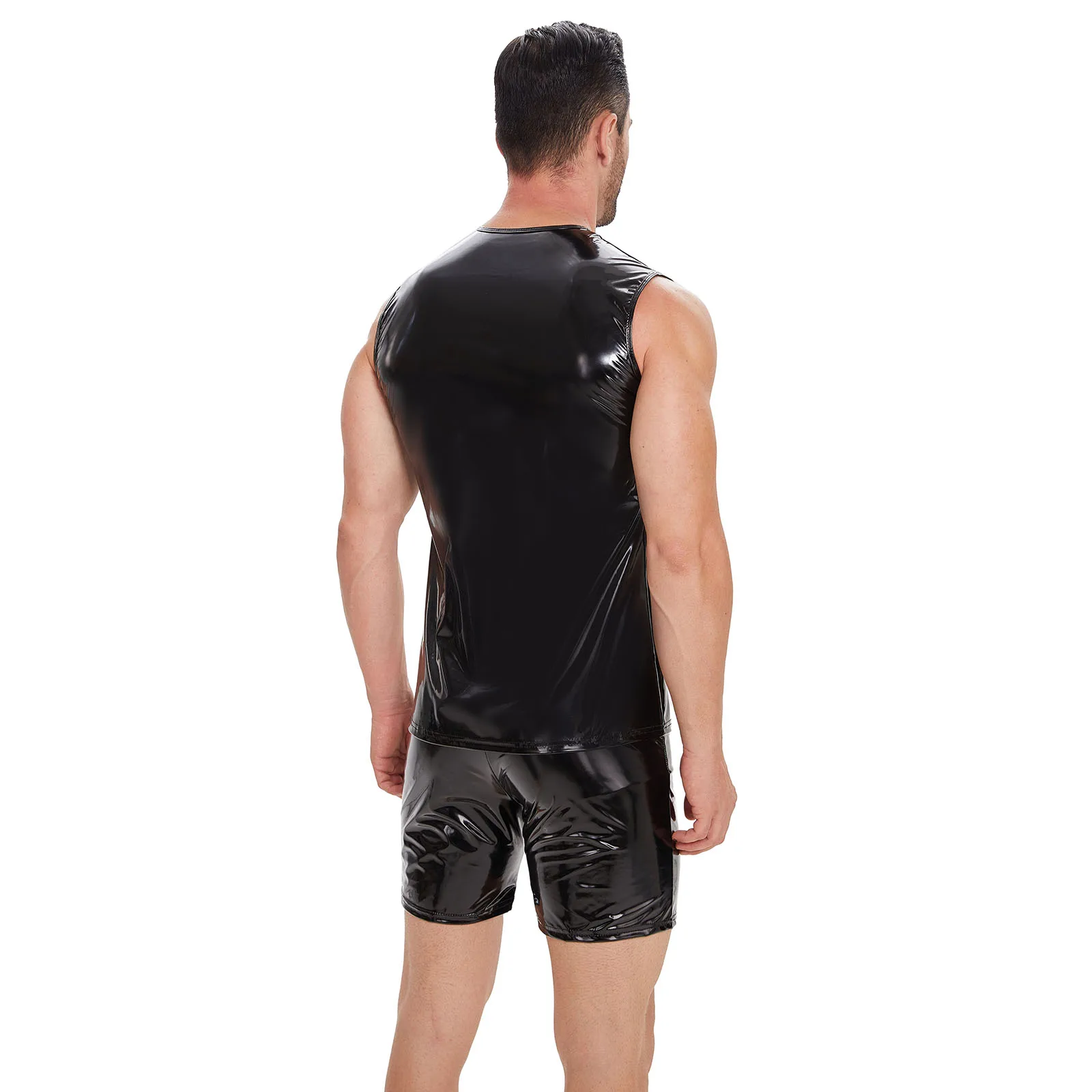 Mens Shiny Leather Tank Top Glossy PVC Leather T-Shirts Sleeveless Plus Size Shaping Wetlook Latex V-Neck Vest Sexi