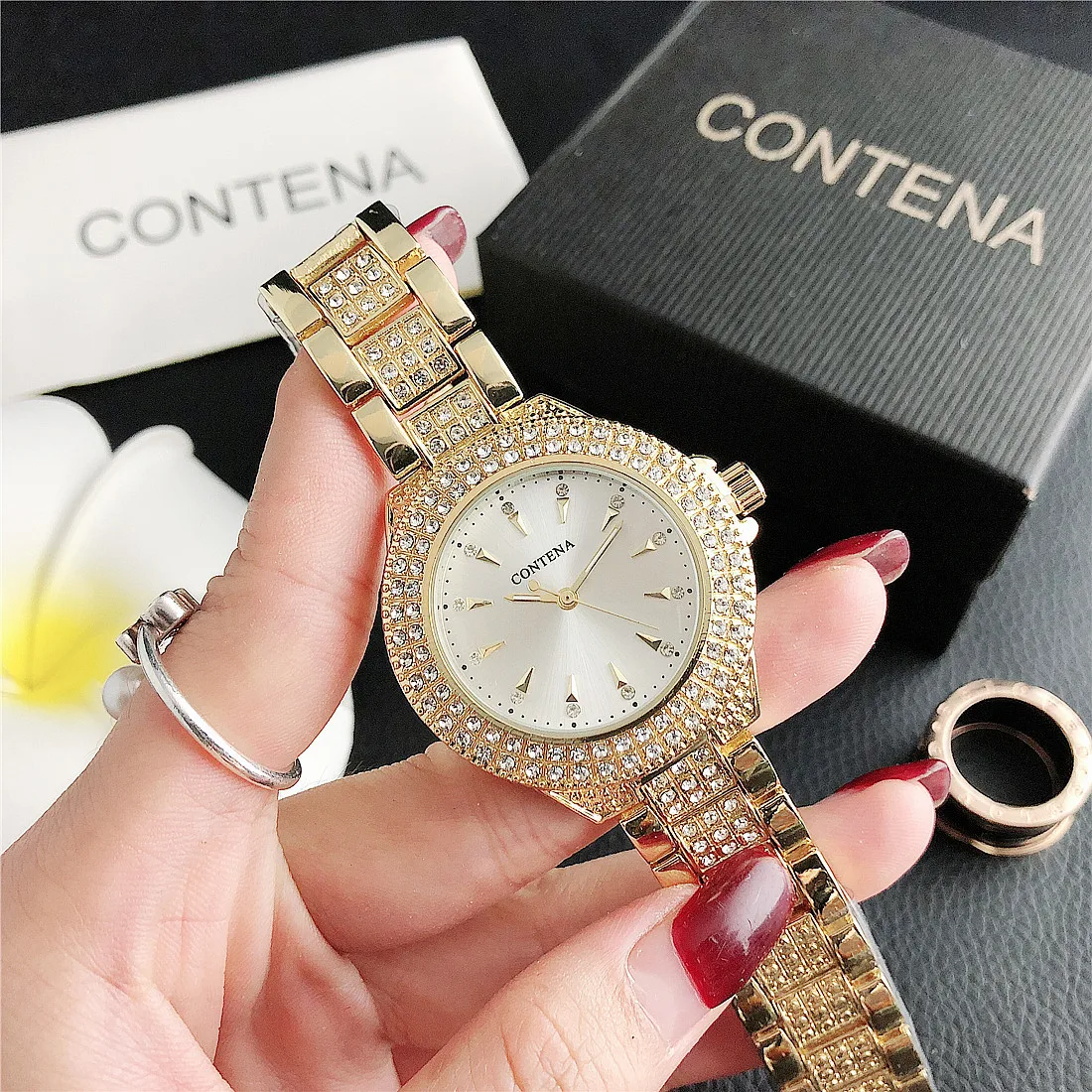 Women Watches Contena Luxury Diamond Women Watches Fashion Stainless Steel Quartz Watch Business Dress Ladies Clock montre femme