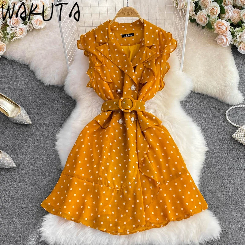 

WAKUTA Summer Dot Belted Slim Waist Mini Dress 2024 Beach Fashion Sweet Vintage Notched Flying Sleeve Women Dresses Casual Chic