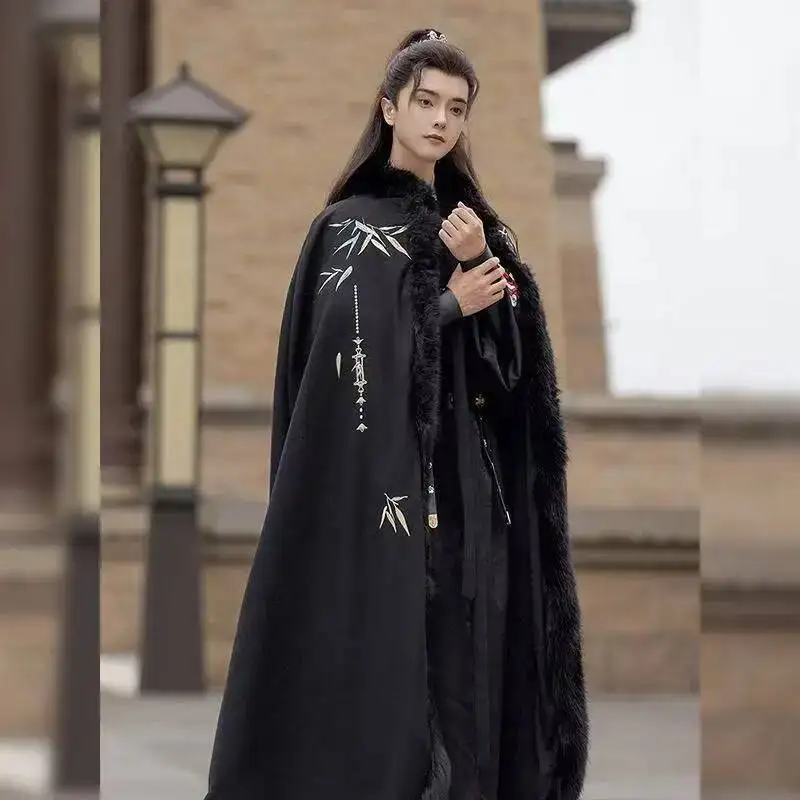 Hanfu Cloak for Boys Men Carnival Cosplay Photos Wear Plush Collar Thicken Velvet Ancient Martial Art Bamboo Embroidery