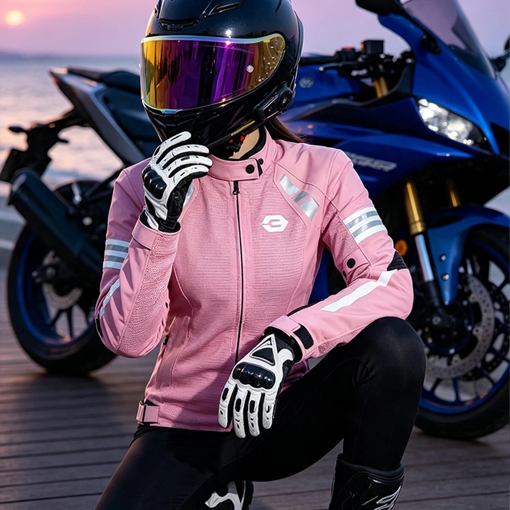 Summer Women Motorcycle Jackets Breathable Mesh Motorbike Riding Jacket Built-in Protective Gear Motocross Clothing Anti-Fall