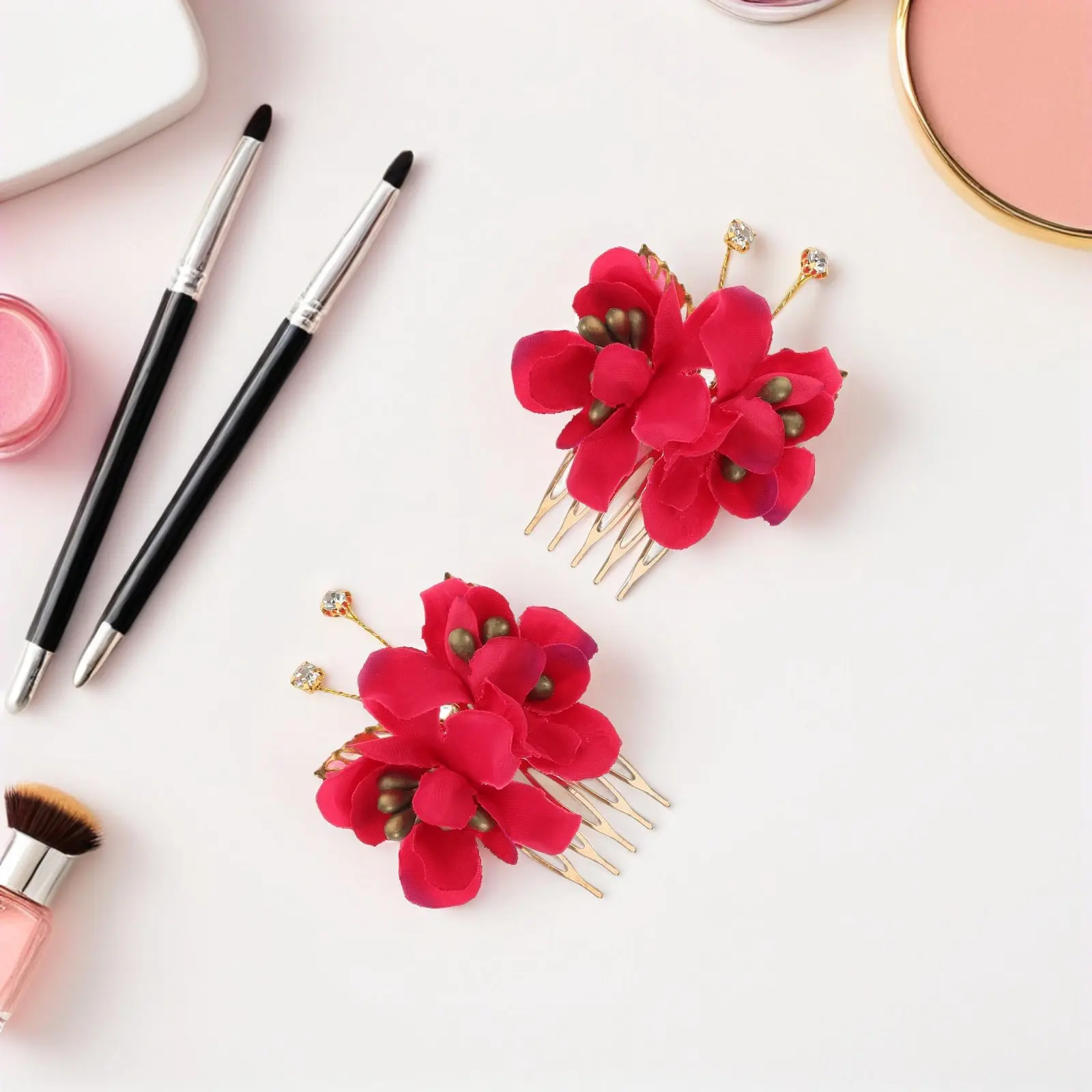 2Pcs Wedding Hair Side Combs Red Rose Floral Clips Bridal Hairpieces for Beach Prom Party Elegant Bridal Flower Accessories