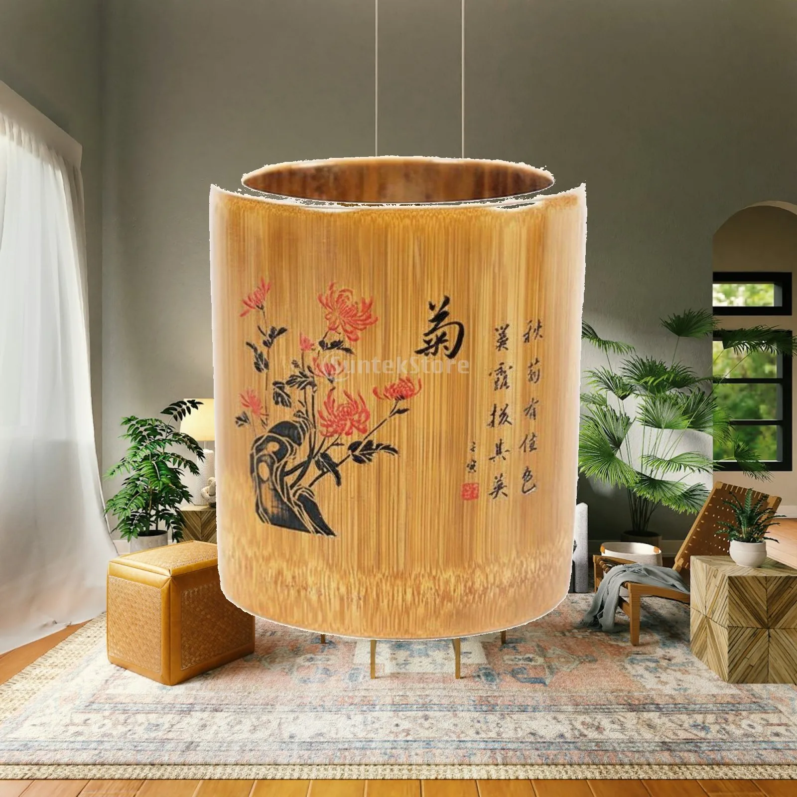 Bamboo Pen Holder Traditional Carved Storage Cup Desk Organizer for Students Home Office and Artists