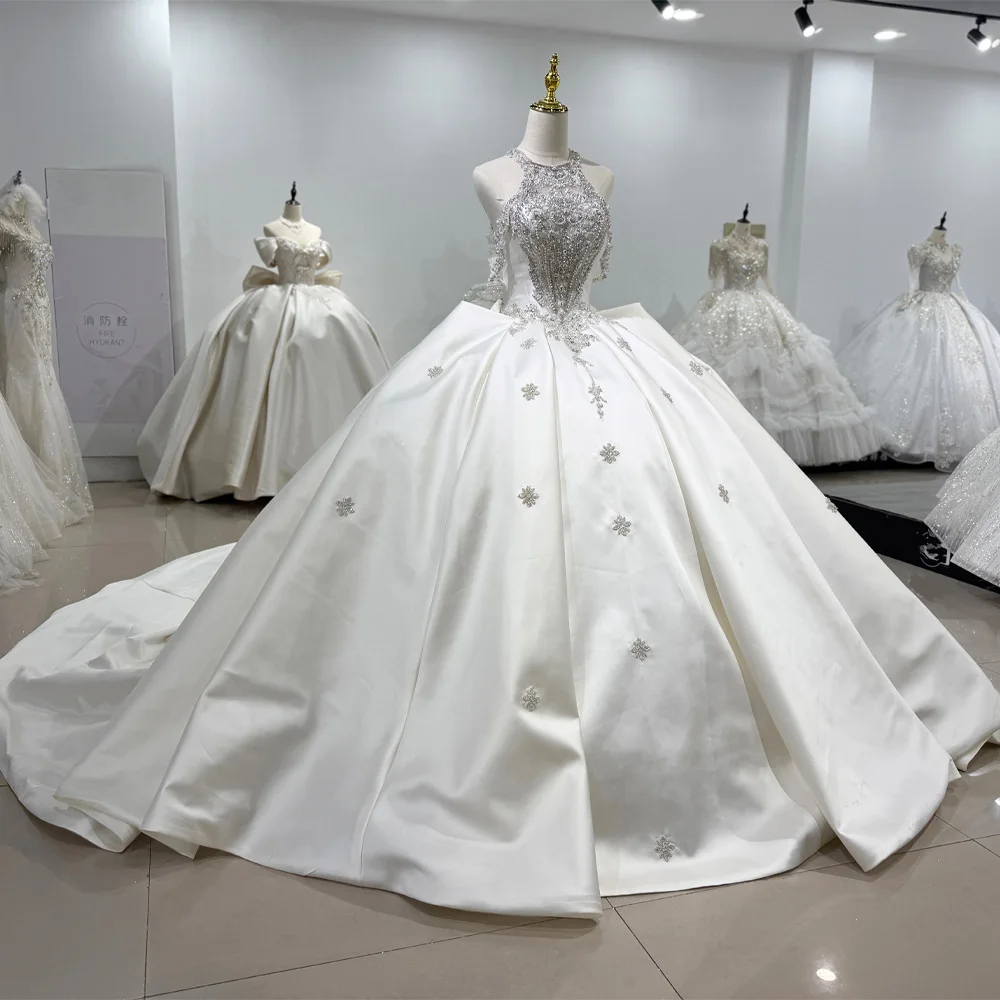 Elegant Halter Bridal Dresses For Women Sleeveless Satin Crystal Beading Ball Gown Brautkleid Hochzeit