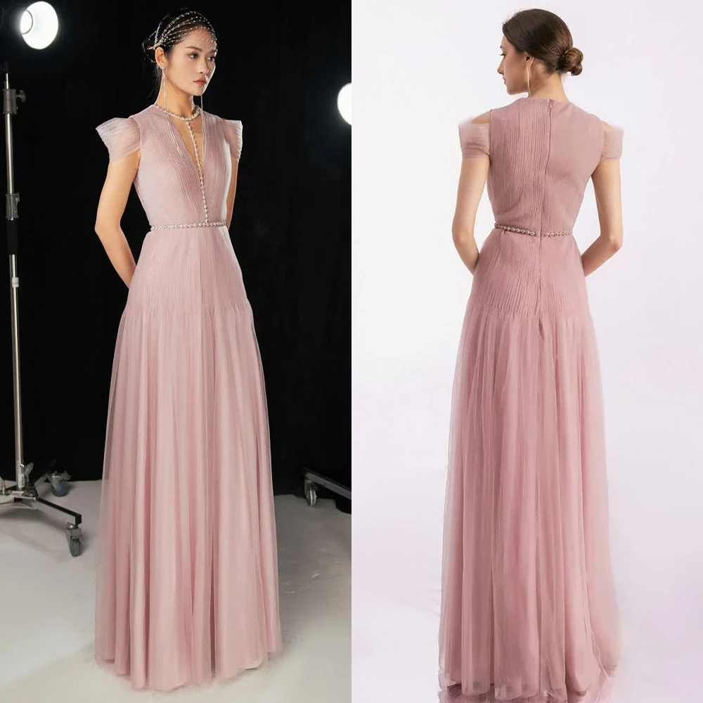 Abito da sera classico elegante con scollo a V a maniche corte personalizzato Abito da festa delicato di alta qualità Abito da ballo di moda moderno
