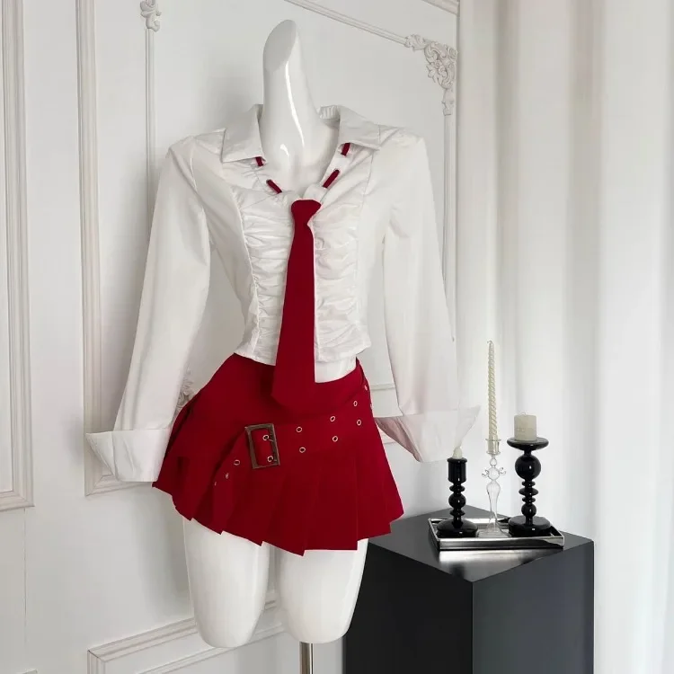 

Simple Slim Fit Lapel Neck Long Sleeve White Shirts Women+ Y2k High Waist Ruched Skirts 2025 Early Autum New Two Piece Sets 2025
