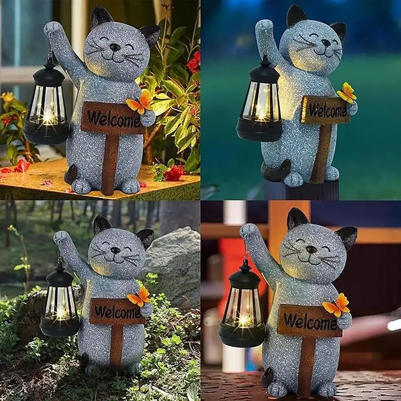 Resin Statue Solar Light Cute Animal Figurine Lantern Desktop Art Crafts Ornament Garden Backyard Landscape Lamp Props