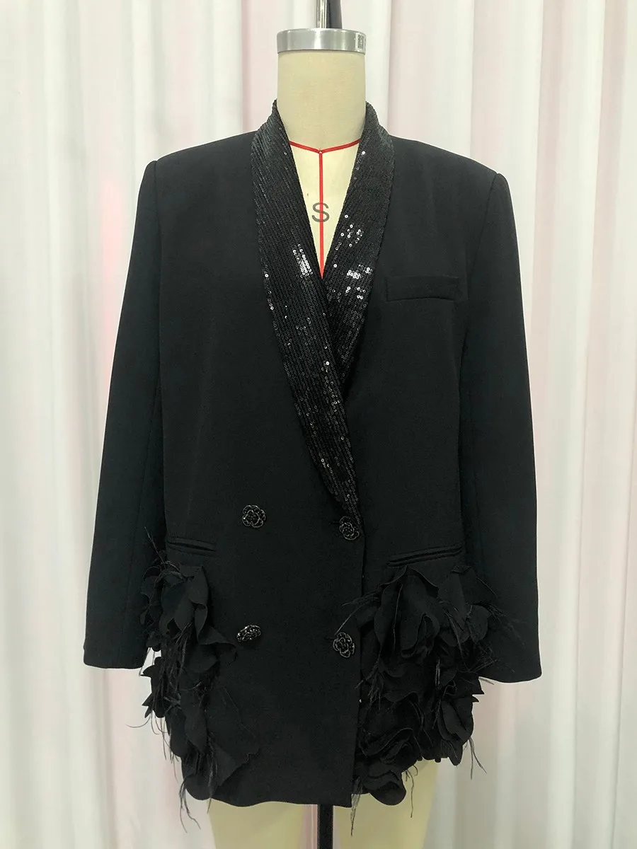 TWOTWINSTYLE الصلبة فضفاضة تقسم ثلاثية الأبعاد زهرة أنيقة بليزرات للنساء التلبيب طويلة الأكمام المرقعة الترتر سترة الموضة الإناث