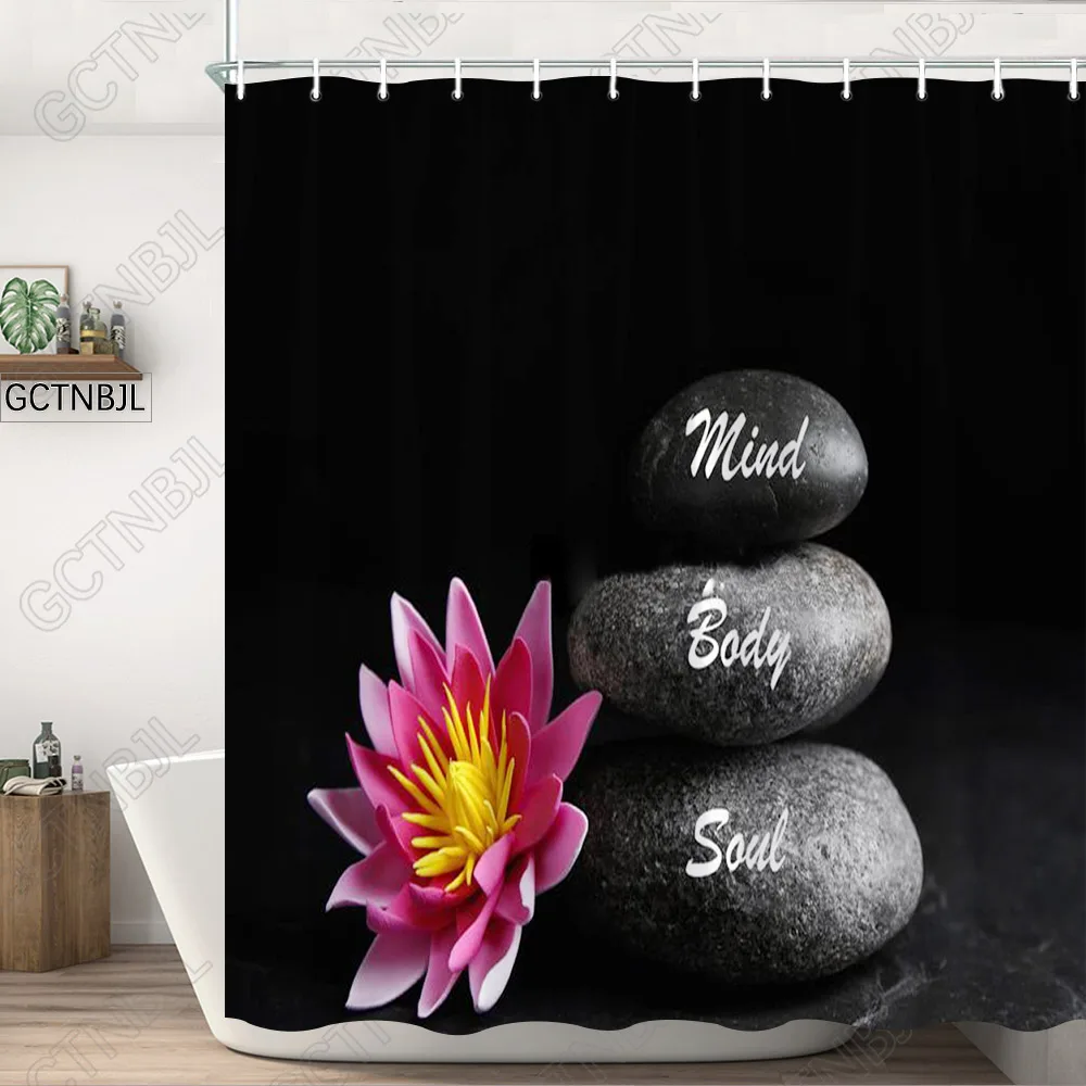 Zen Shower Curtain, Spa Decor Stone Tower Lotus Purple Orchid Flower and Bamboo, Cloth Fabric Bathroom Decor Set with Hook Black