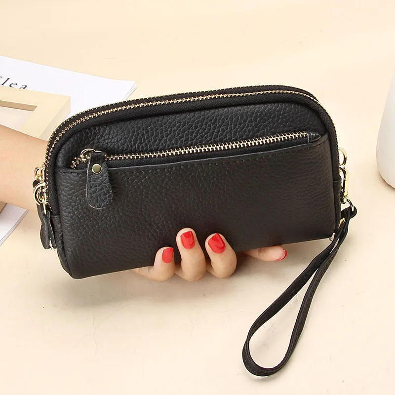 MJ Genuine Leather Women Long Wallet Large Capacity Zipper Purse Bag Wristlet Clutch Bags Solid Wallets Phone Bag Money Purses