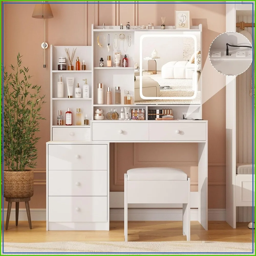 Vanity Makeup Desk with Stool, 6 Drawers & Shelves, Power Strip, 3 Color Adjustable Mirror, White