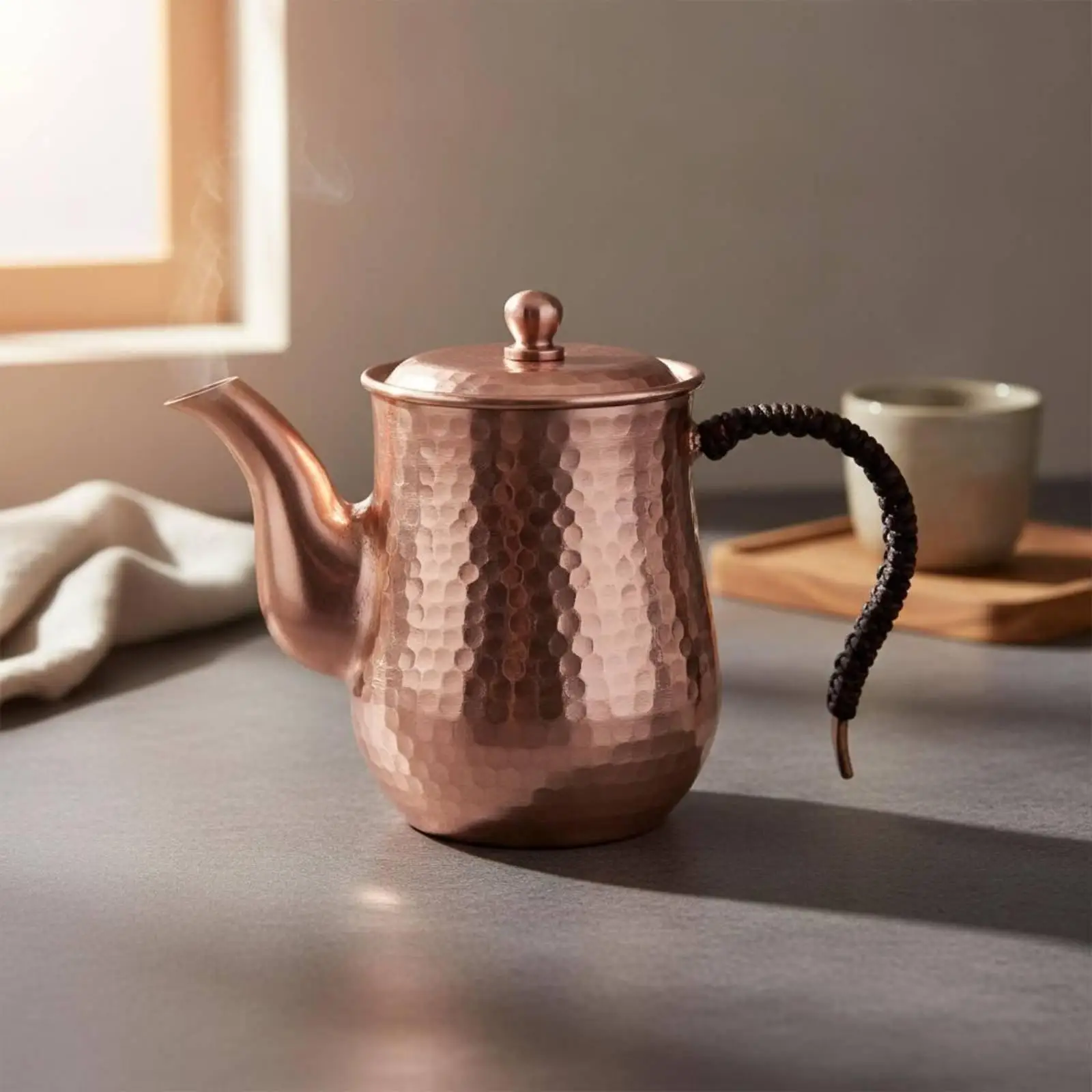 Traditional Pure Copper Tea Kettle Spouted Container with Copper Infuser for Loose Leaf Tea Hammered Texture Ergonomic Grip