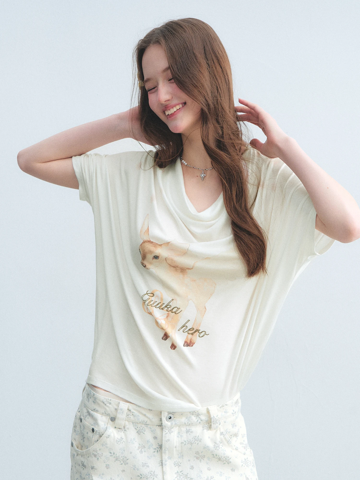 Guukahero Women's Short Sleeve T-shirt One-Shoulder Design Deer Collar UV Protection Summer Casual Fashion Cotton Blend Top