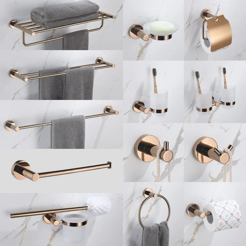 

Glossy Rose Gold Bathroom Accessories 304 Stainless Steel Towel Rack Toilet Roll Paper Tissue Holder Double Cup Towel Bar Hooks