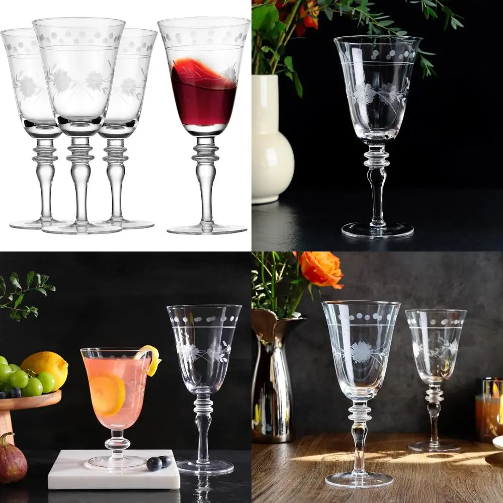 

Royalrose Premium Collection: Set of 4 Handcrafted 14.2 oz Wine Glasses with Elegant Etched Stems, Ideal for Special Occasions a